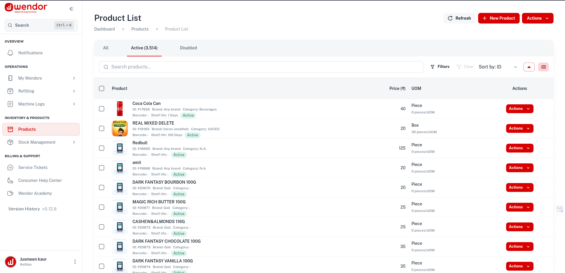 Wendor dashboard product list