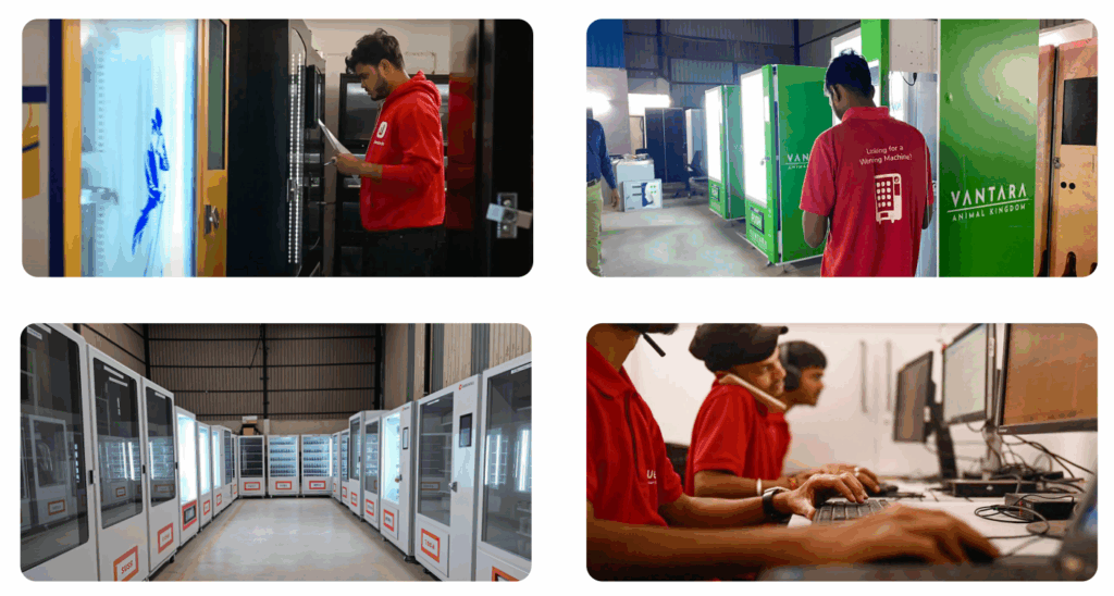 Machines in assembly and quality checks, the support desk and a technician at work